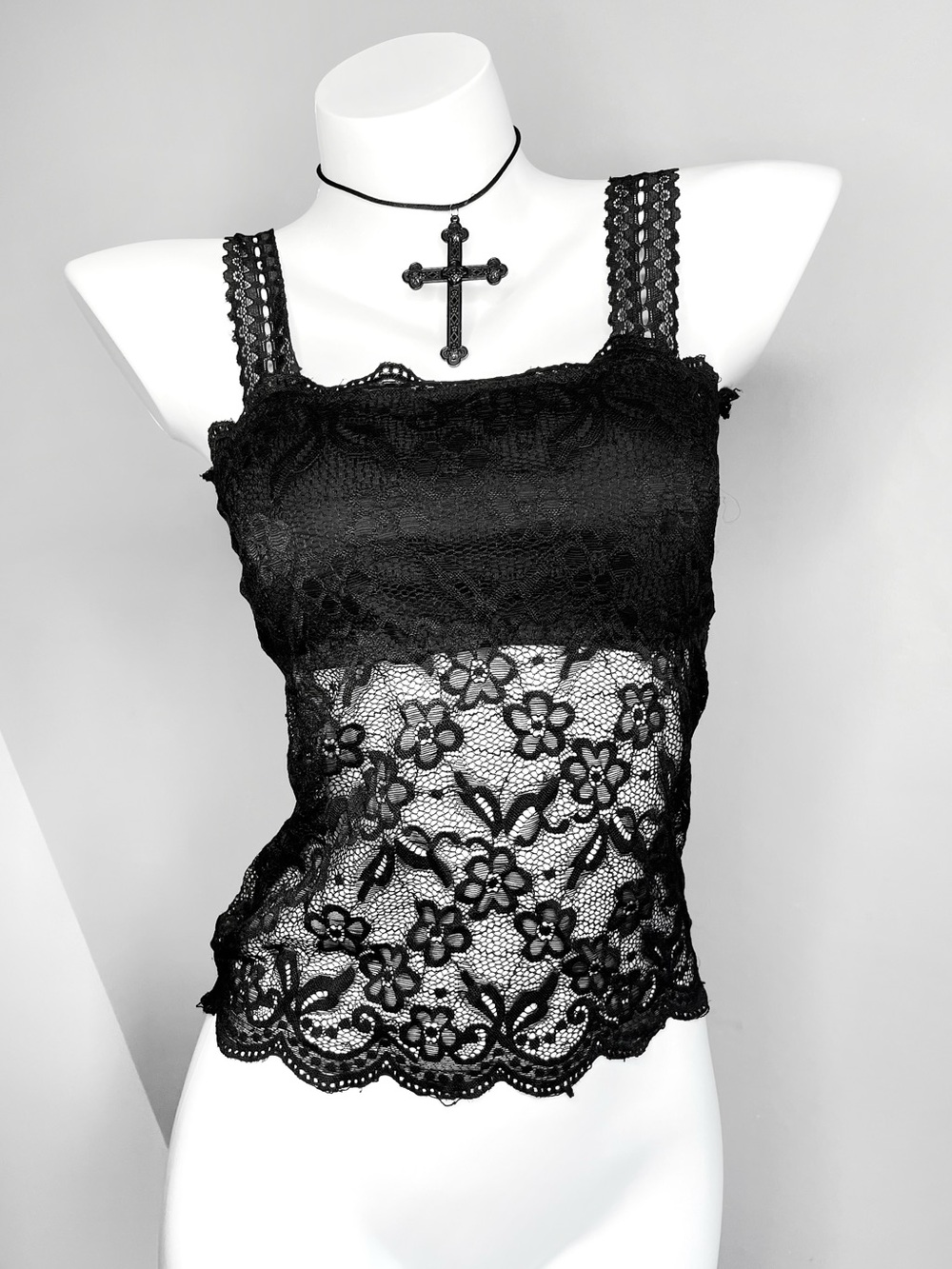Black Lace Floral See Through Tank Top